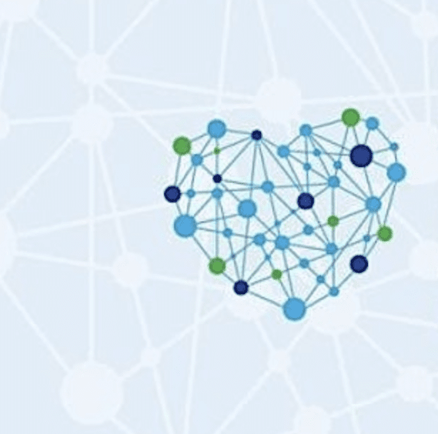 A blue and green heart with a network of dots representing networking.