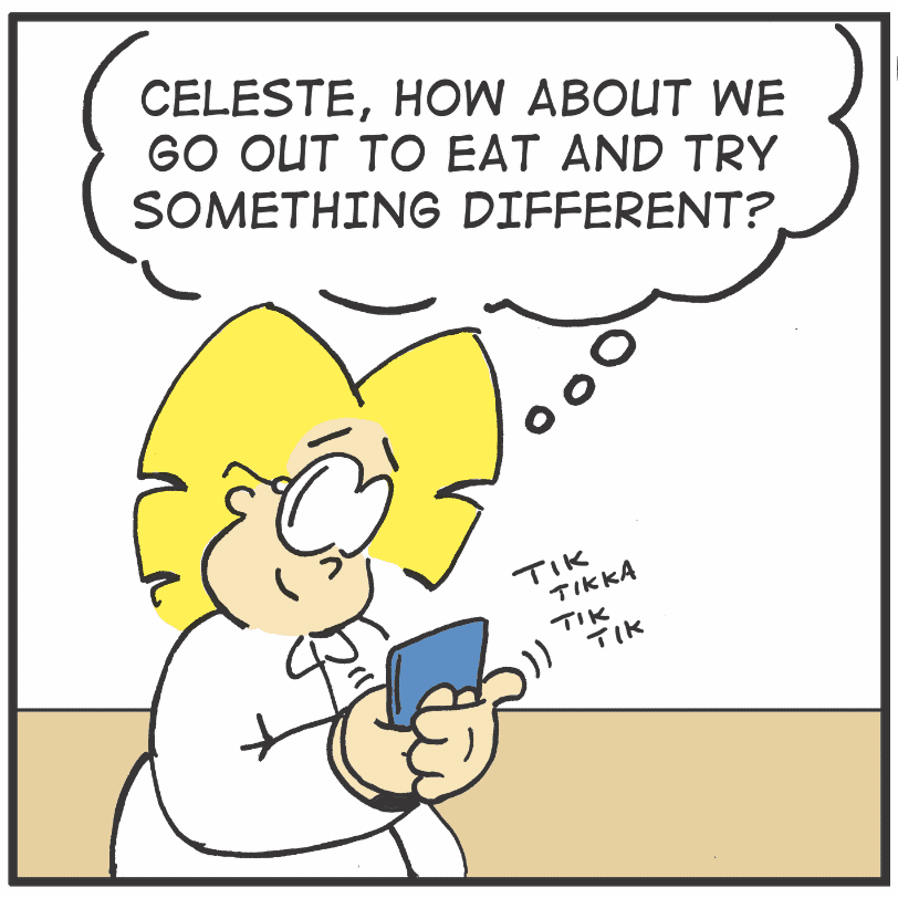 A woman with a cell phone, depicted in a cartoon.