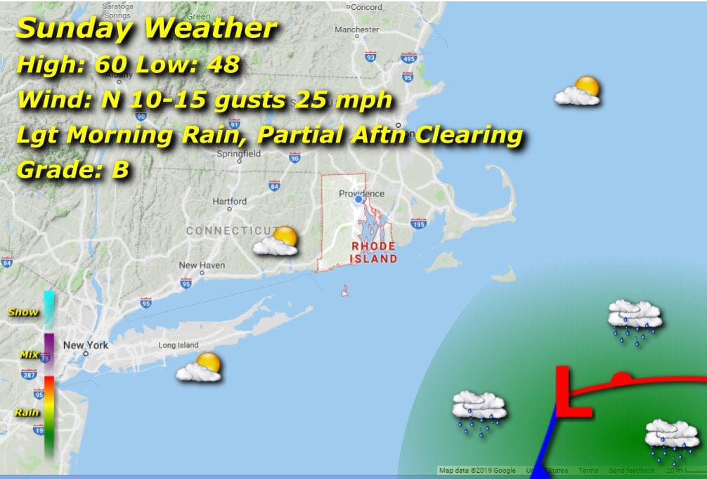 A map displaying the weather in Rhode Island.