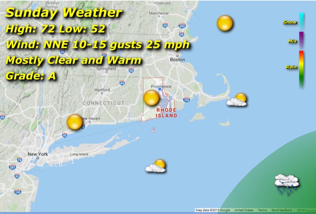 A map showing the current weather conditions in Massachusetts and Rhode Island.