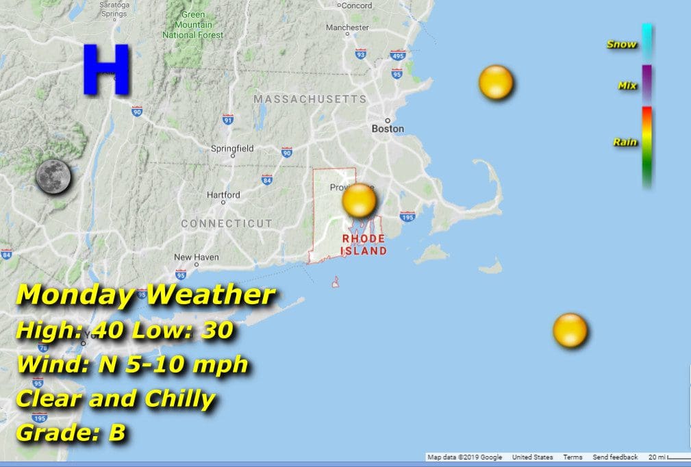 A map displaying the weather conditions in Massachusetts and Rhode Island.