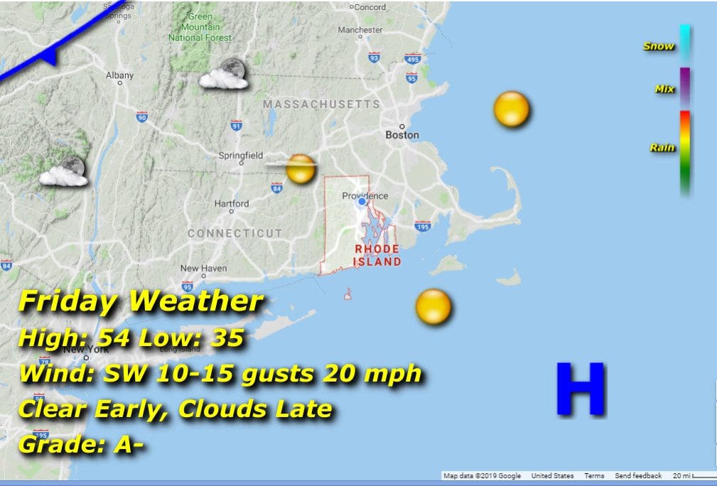 A map displaying the weather in Massachusetts and Rhode Island.