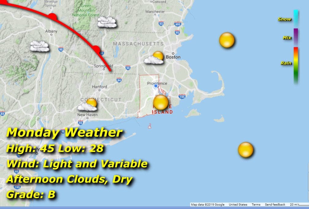 This map displays the current weather conditions and forecasts for Massachusetts.