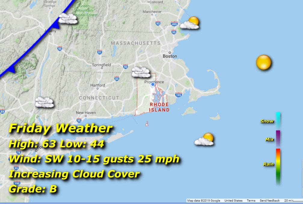 A map displaying the weather in Massachusetts and Rhode Island.