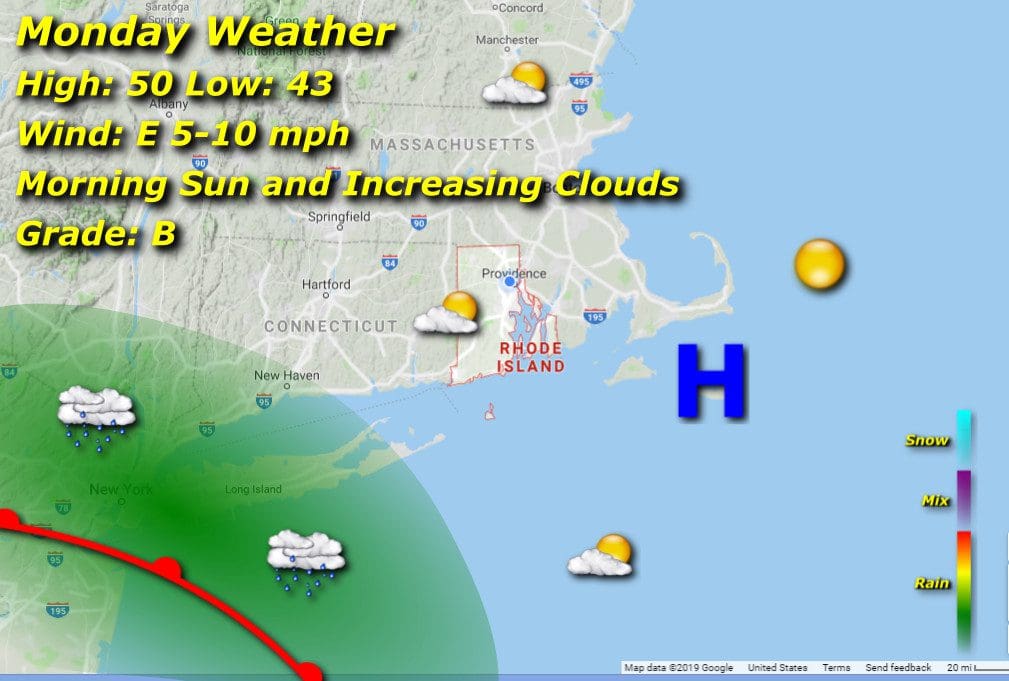 A map showing the weather for Monday in Massachusetts and Rhode Island.