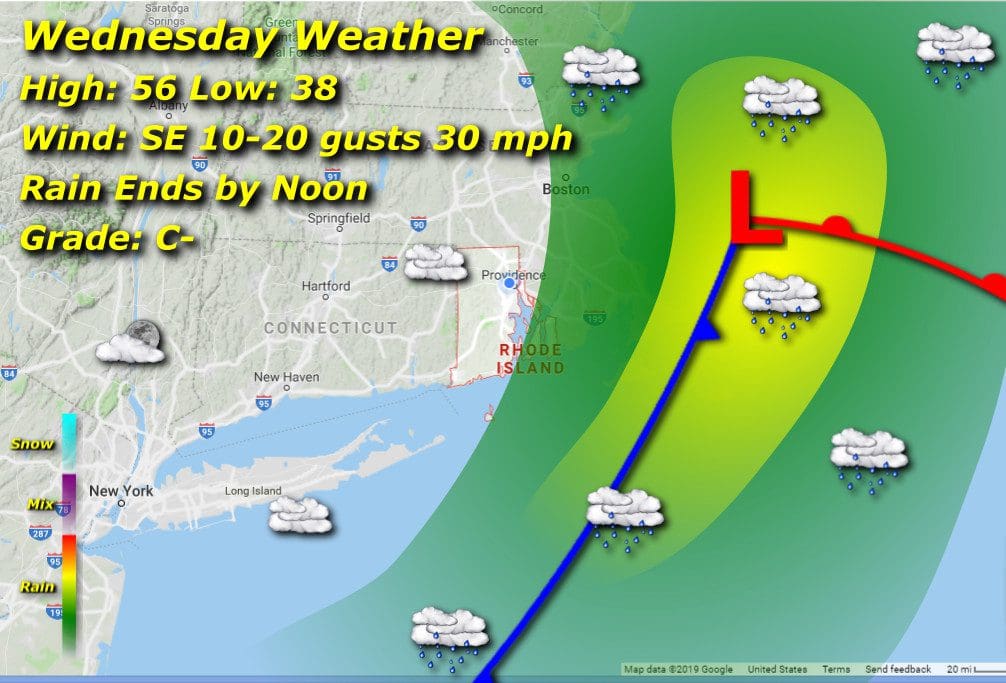 A map displaying the Rhode Island weather for Wednesday.