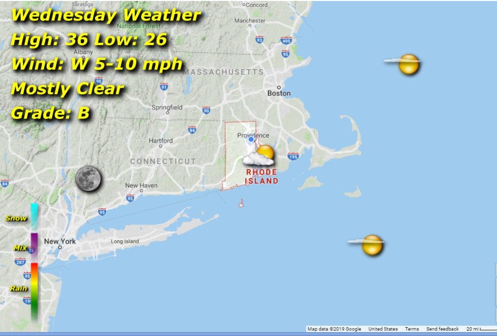 A map showing the Rhode Island weather for Wednesday.