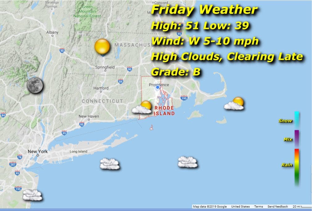 A map displaying the Rhode Island weather in New England.