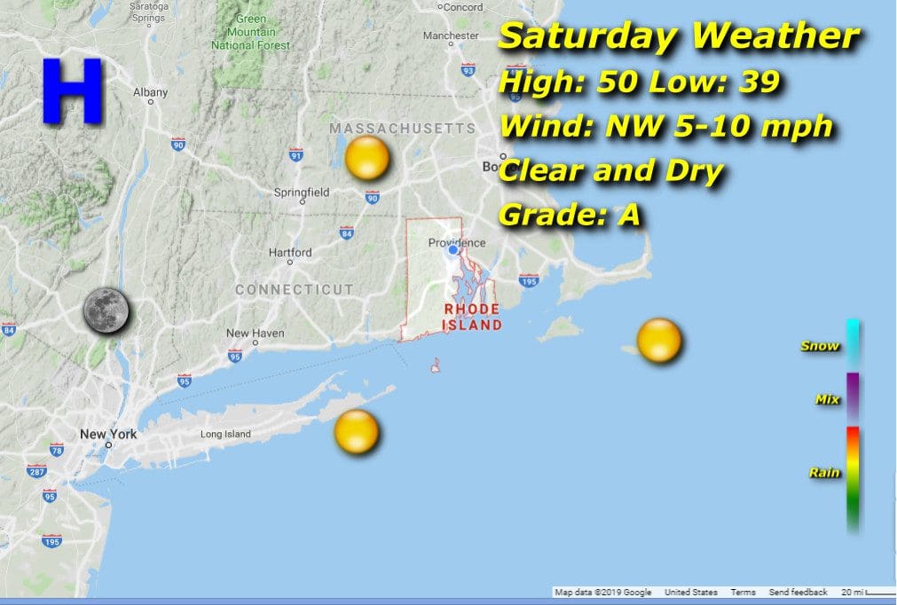 A map showing the weather in New Hampshire and Rhode Island.