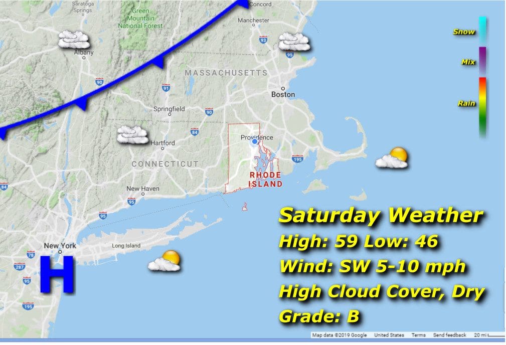 A map showing the weather for Saturday in Massachusetts and Rhode Island.