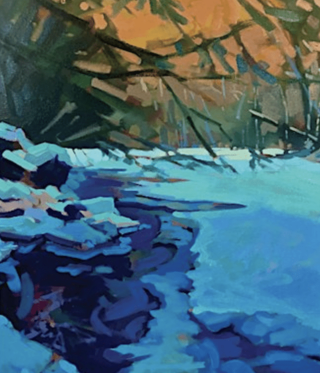A painting of a river in the snow.