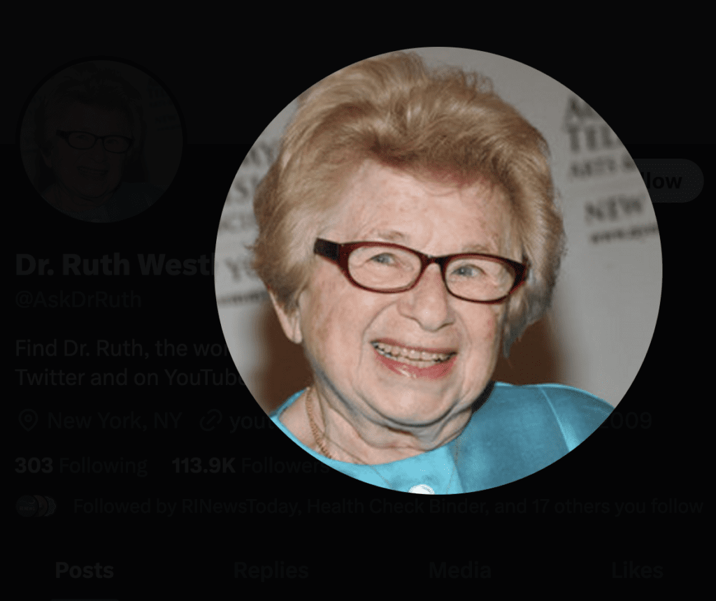 Dr. ruth weiss, also known as Dr. Ruth Westheimer, can be found on Twitter sharing her expertise and insights.