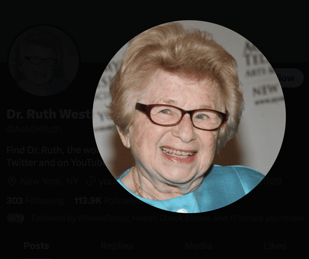 Dr. ruth weiss, also known as Dr. Ruth Westheimer, can be found on Twitter sharing her expertise and insights.