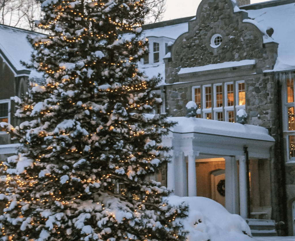 A Blithewold christmas tree covered in snow, displayed beautifully in front of a house.