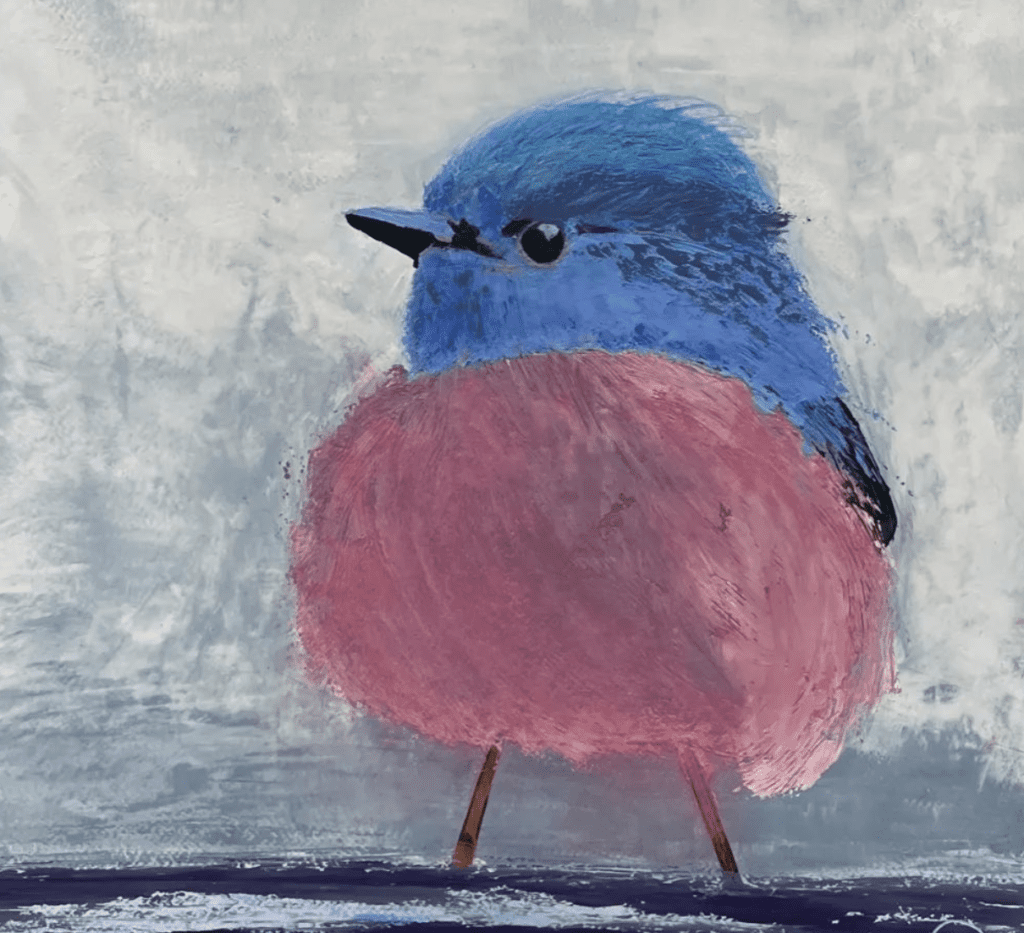 An art of a blue and pink bird.