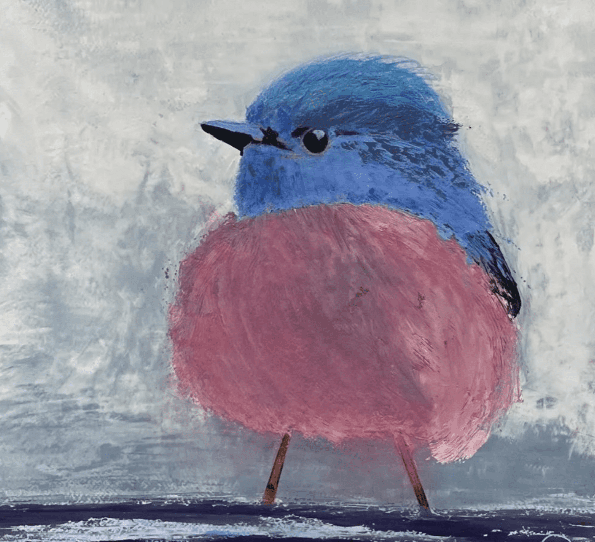 An art of a blue and pink bird.