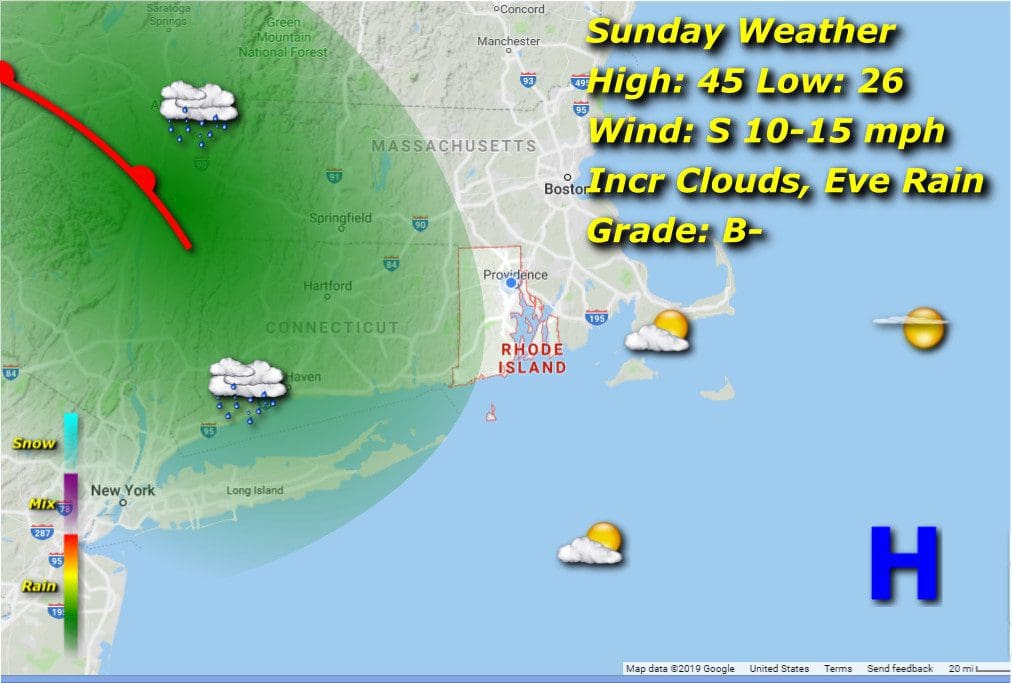 A map displaying the Rhode Island weather forecast.