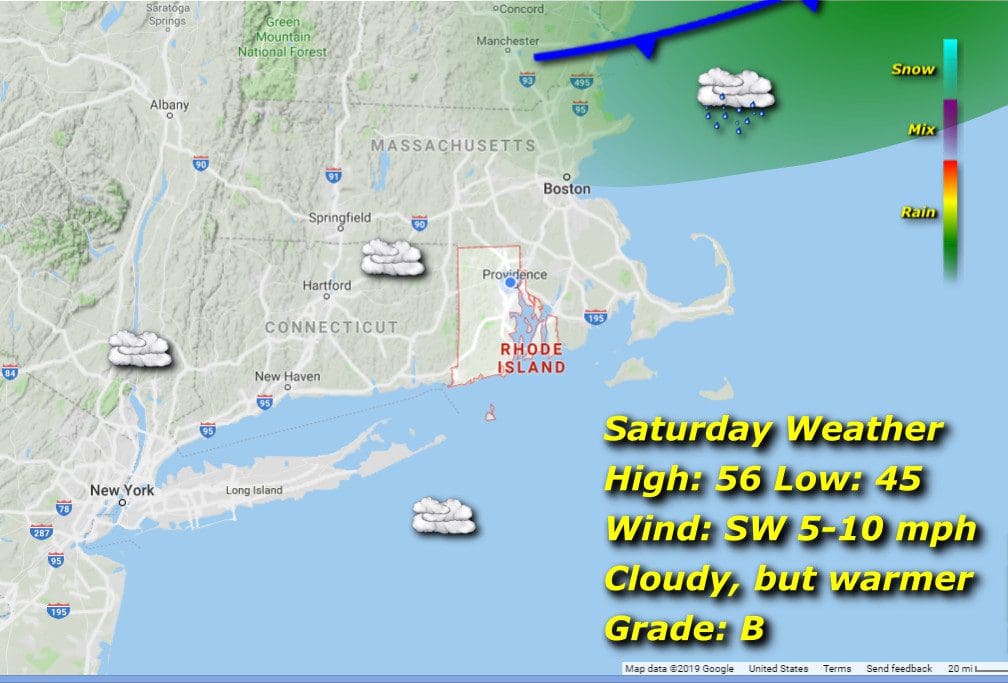 A map showing the weather for Saturday in Massachusetts and Rhode Island.