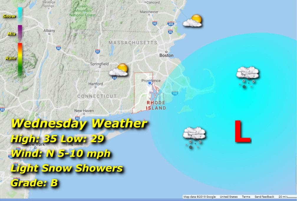 A Rhode Island weather map displaying the forecast for Wednesday.