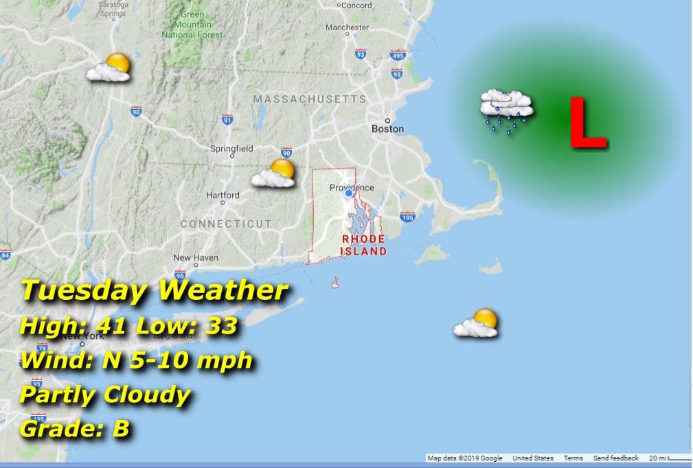 Tuesday weather map showing the weather in Massachusetts and Rhode Island.