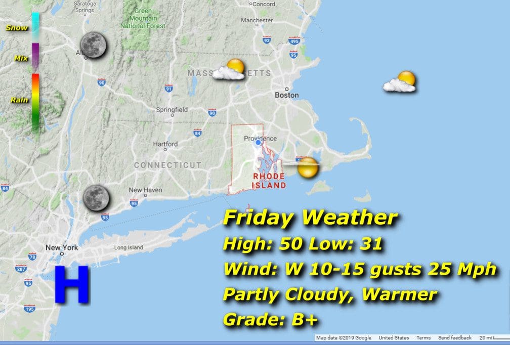 A map showing the weather in New Hampshire and Rhode Island.