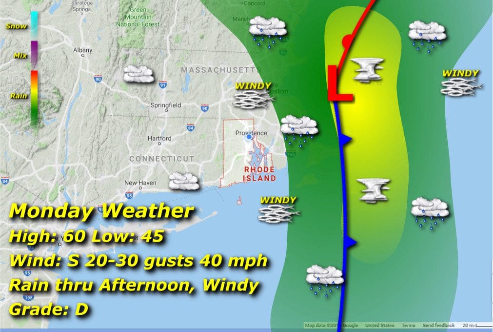 A map showing the Rhode Island weather for Monday.