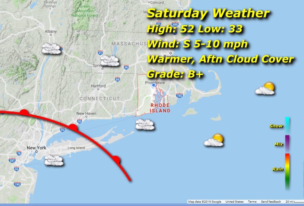 A map showing the weather in New Hampshire and Rhode Island.