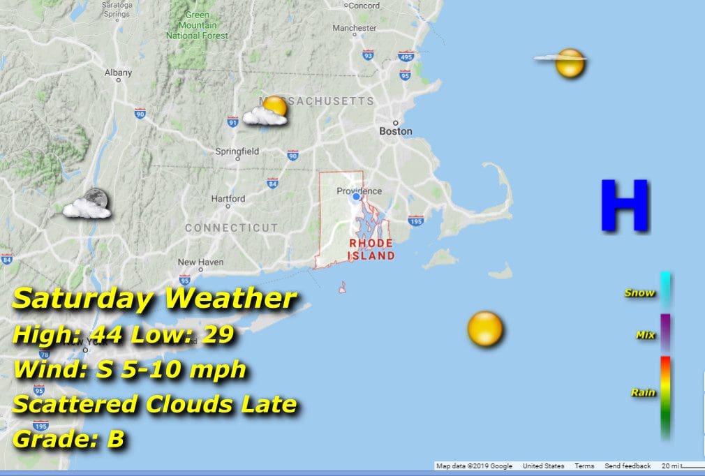 A map showing the weather in Massachusetts with information on Rhode Island weather.