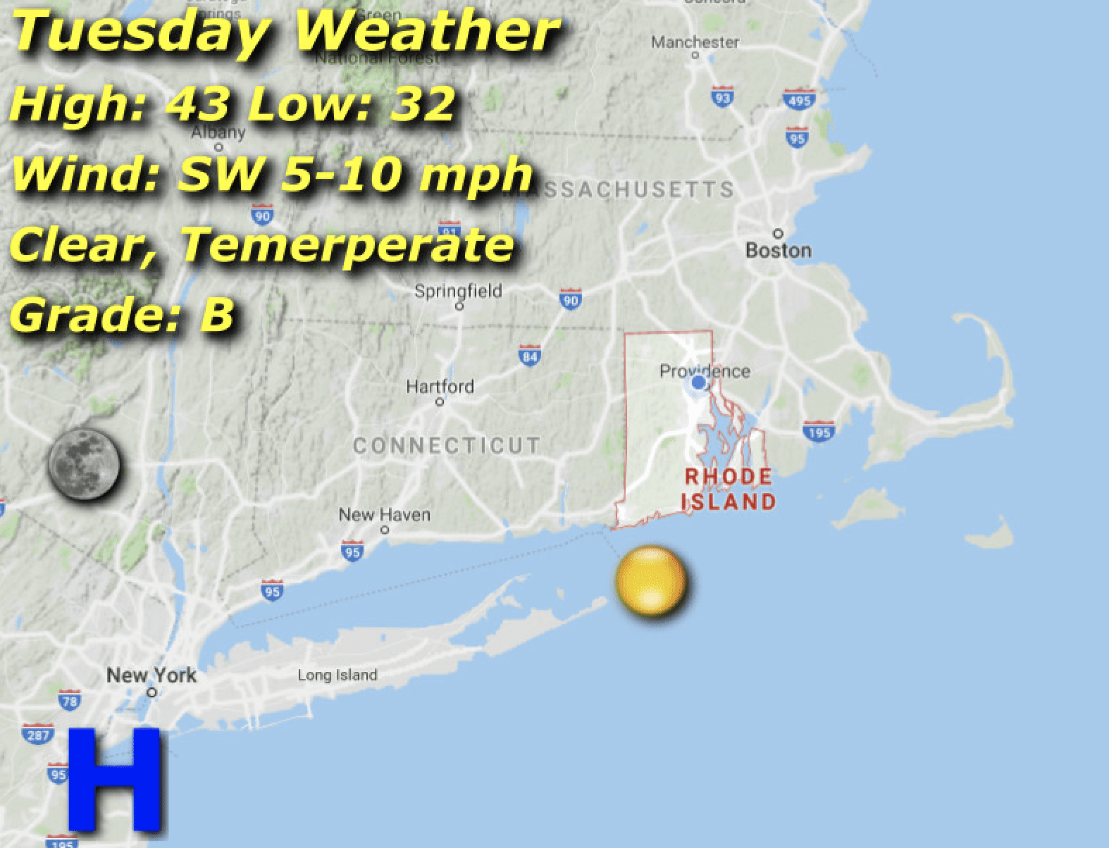Tuesday weather map in Rhode Island.