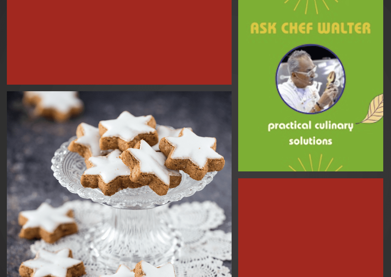 A festive photo of Christmas cookies on a plate, inviting viewers to "ask Chef Walter" for his secret recipes.