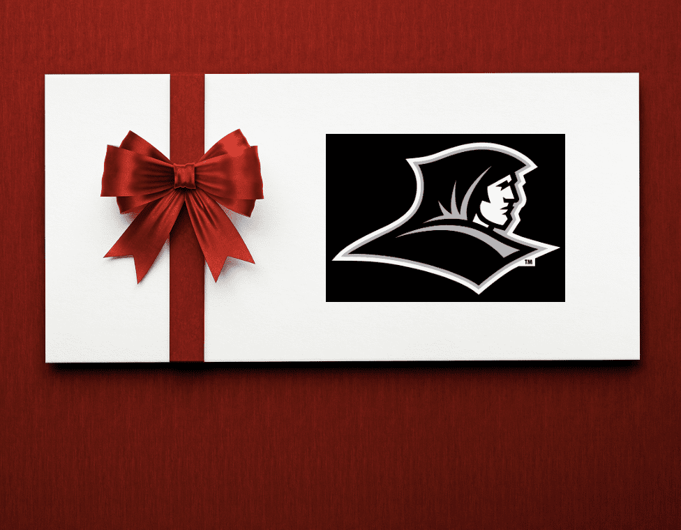A Providence College gift card featuring a hooded mascot.