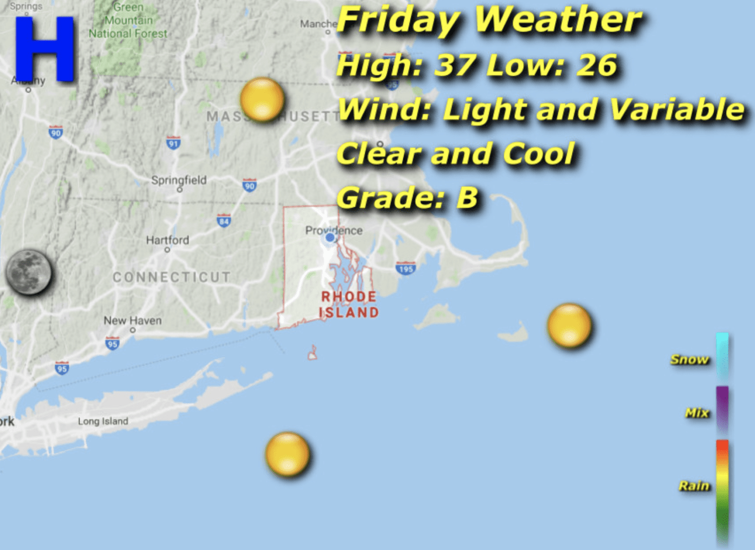 A map showing the weather for Friday in Rhode Island.
