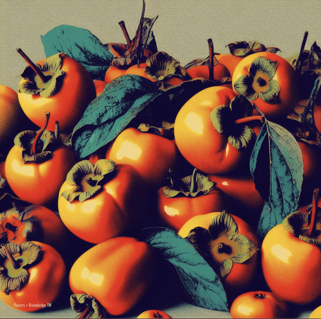 A pile of persimmons with leaves on them.