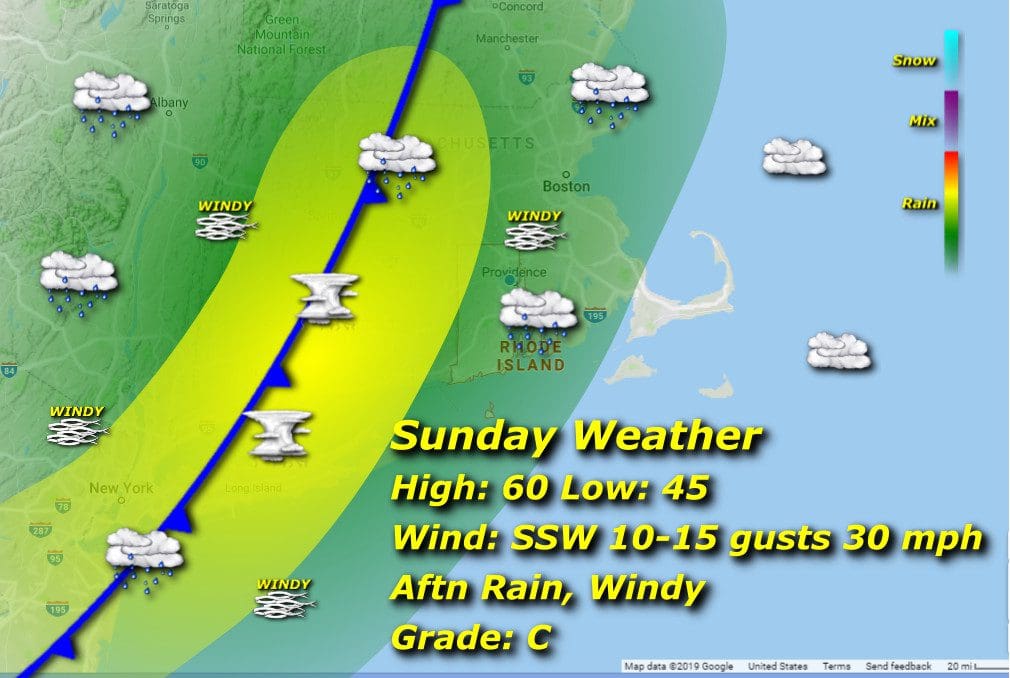 A map showing the Sunday weather in Massachusetts.