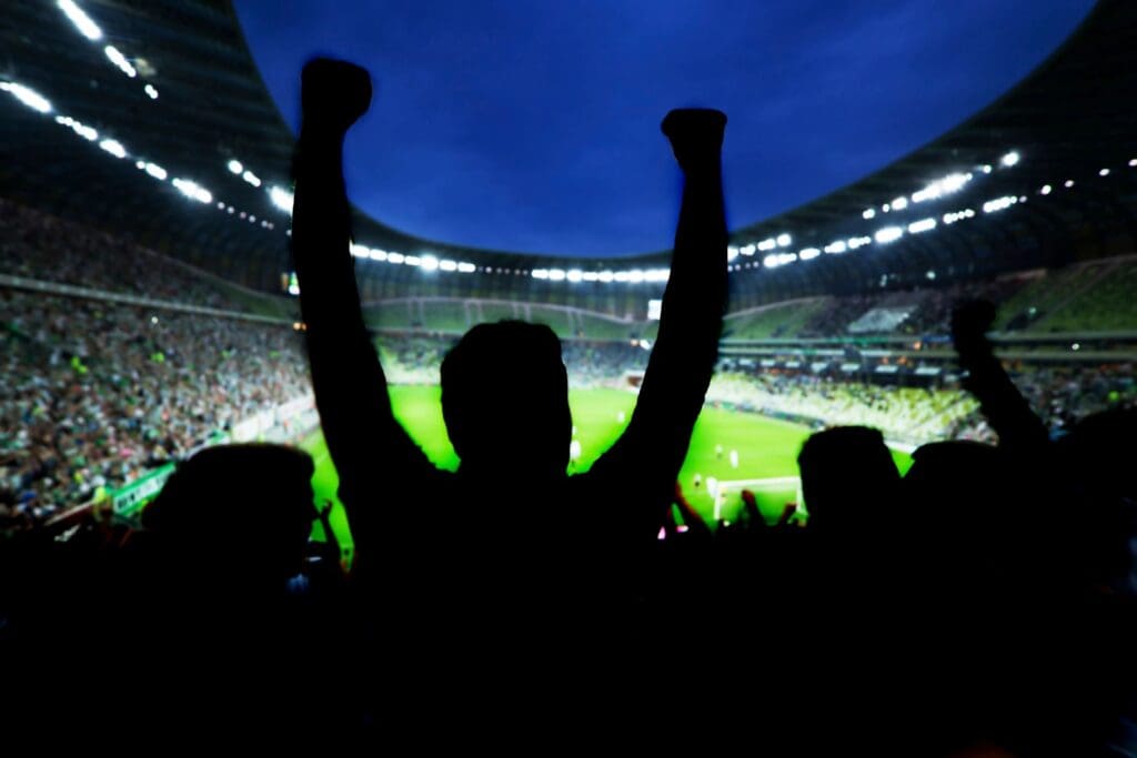 A group of people at a soccer stadium cheering.