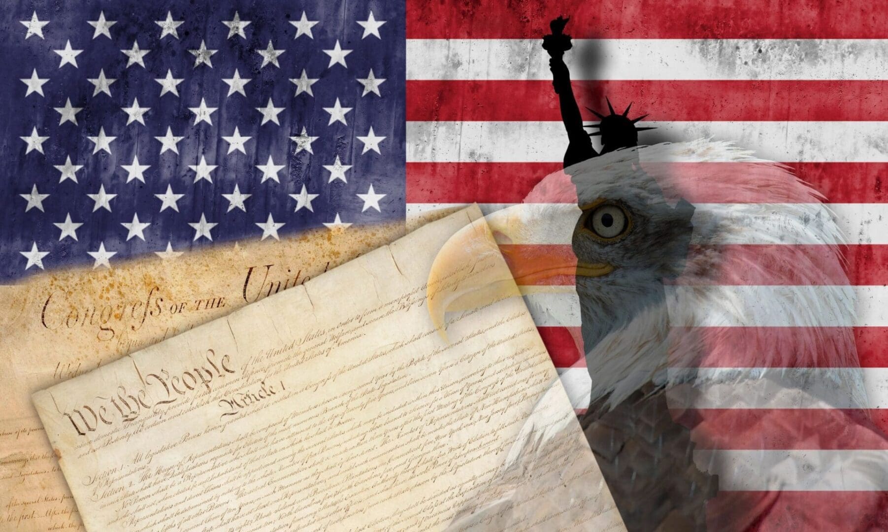 An eagle and an american flag.