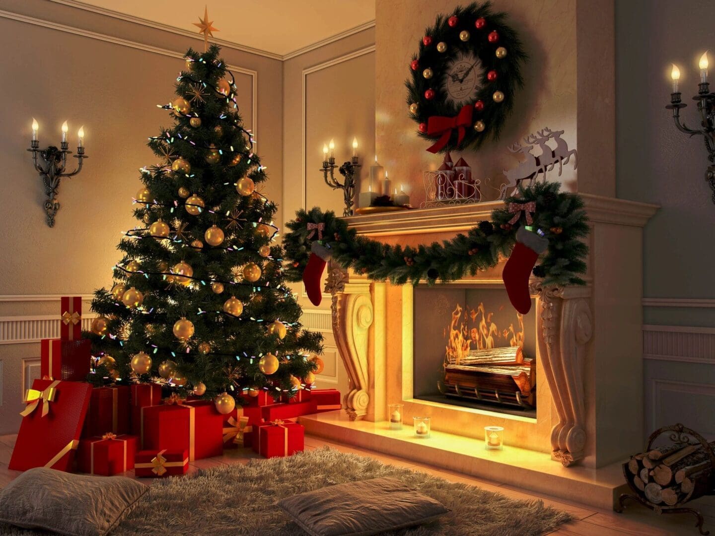 A christmas tree and presents in front of a fireplace.
