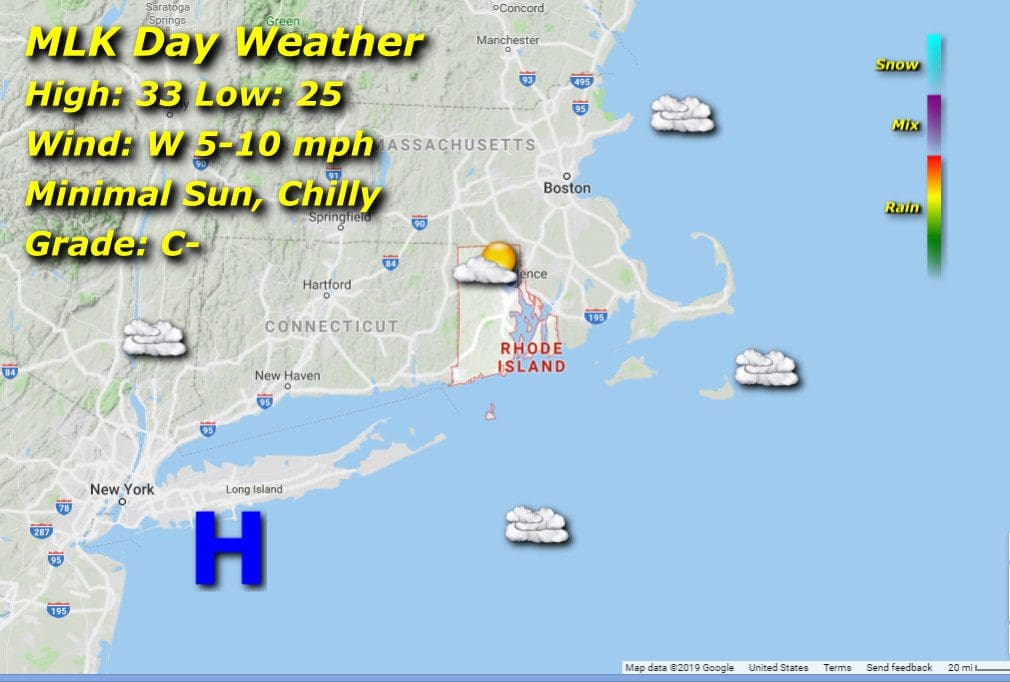 Rhode Island day weather map.