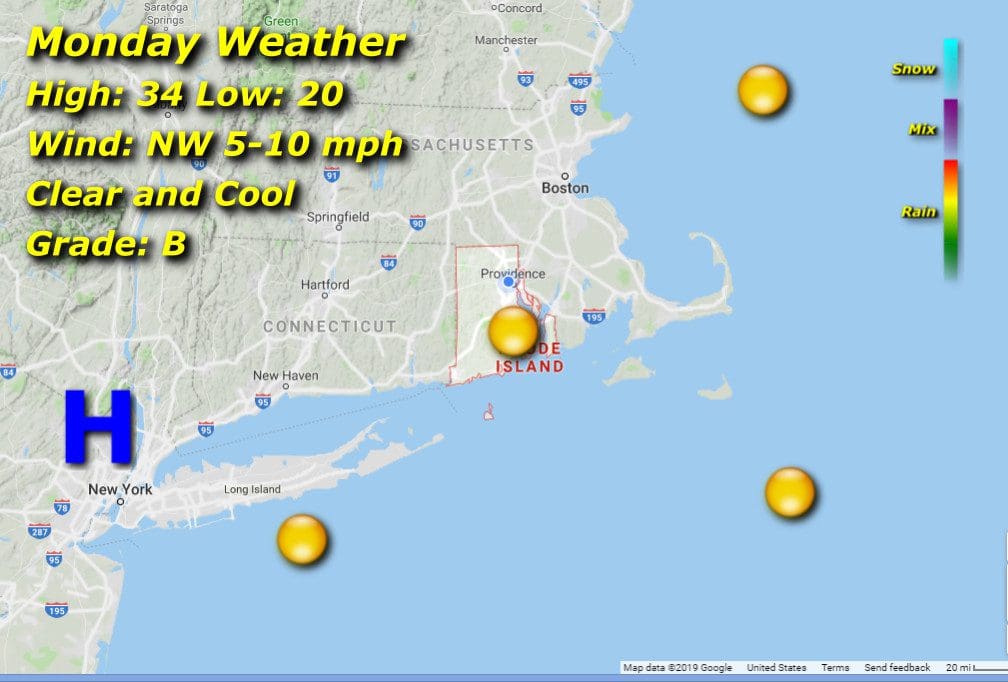 A map showing the weather in Rhode Island.