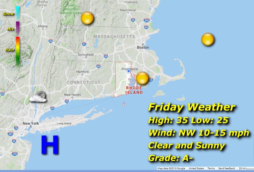 A map showing the weather in Rhode Island.