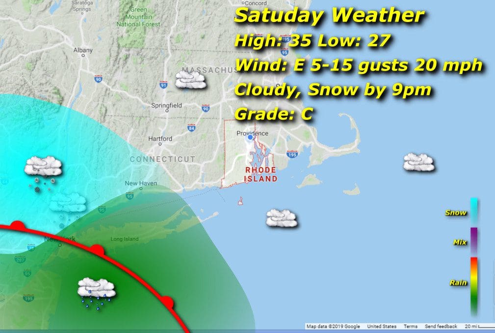 A map showing the weather for Saturday in Massachusetts and Rhode Island.