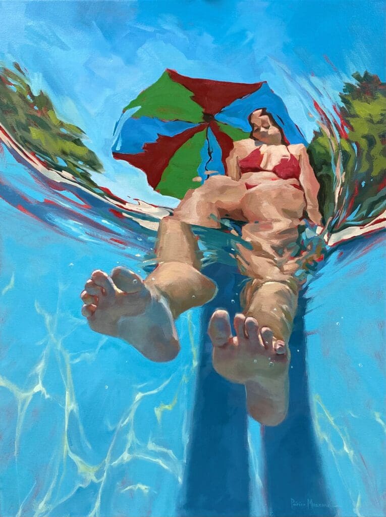 A work of art depicting a woman's feet under an umbrella.