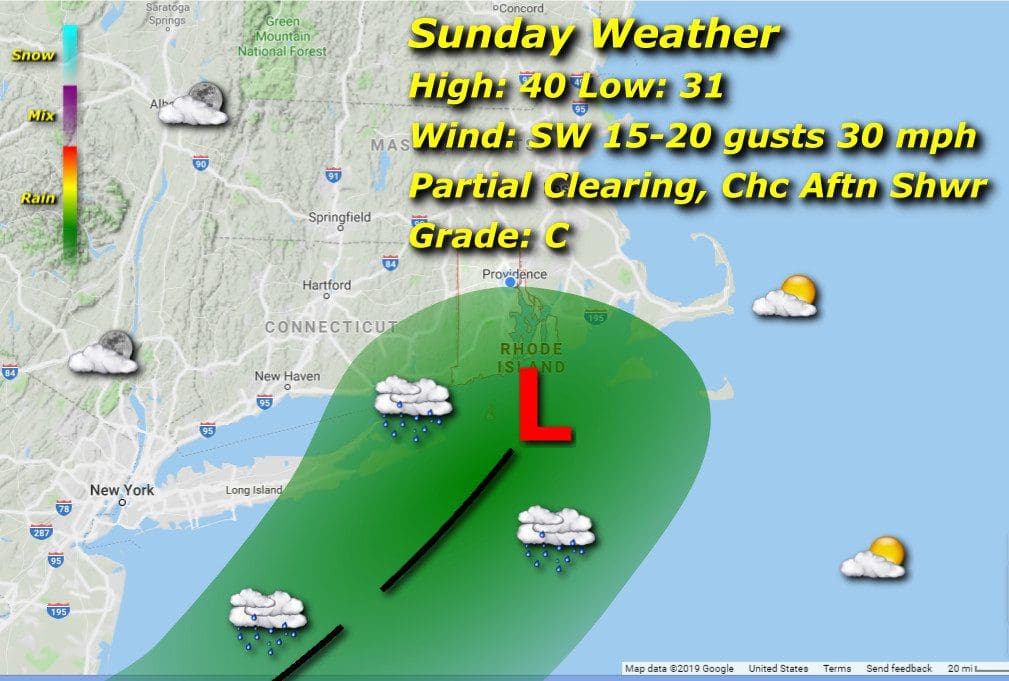 A map showing the direction of a storm affecting Rhode Island weather.