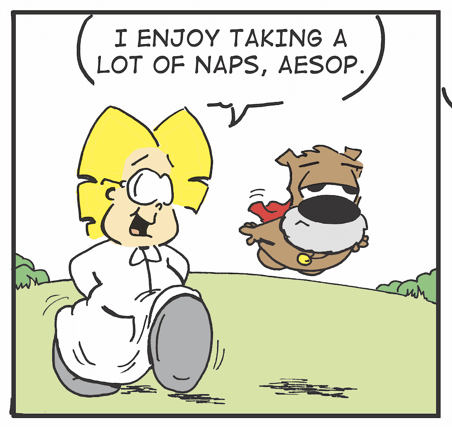 A cartoon of a dog running with the words enjoy taking a lot of naps, comics.