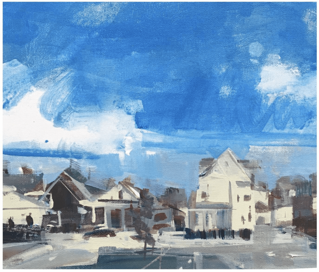 A painting of a street with houses under a blue sky is captivating art!