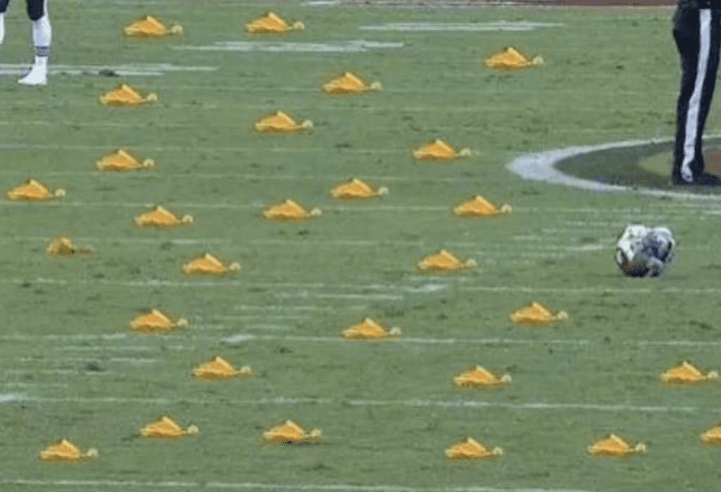 A football field prepared for NFL games, with yellow cones on it.