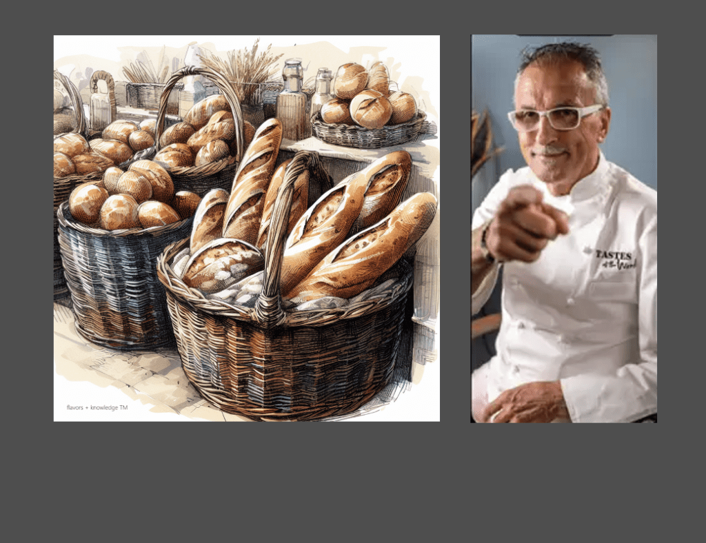 A drawing of Chef Walter Potenza pointing to a basket of bread.