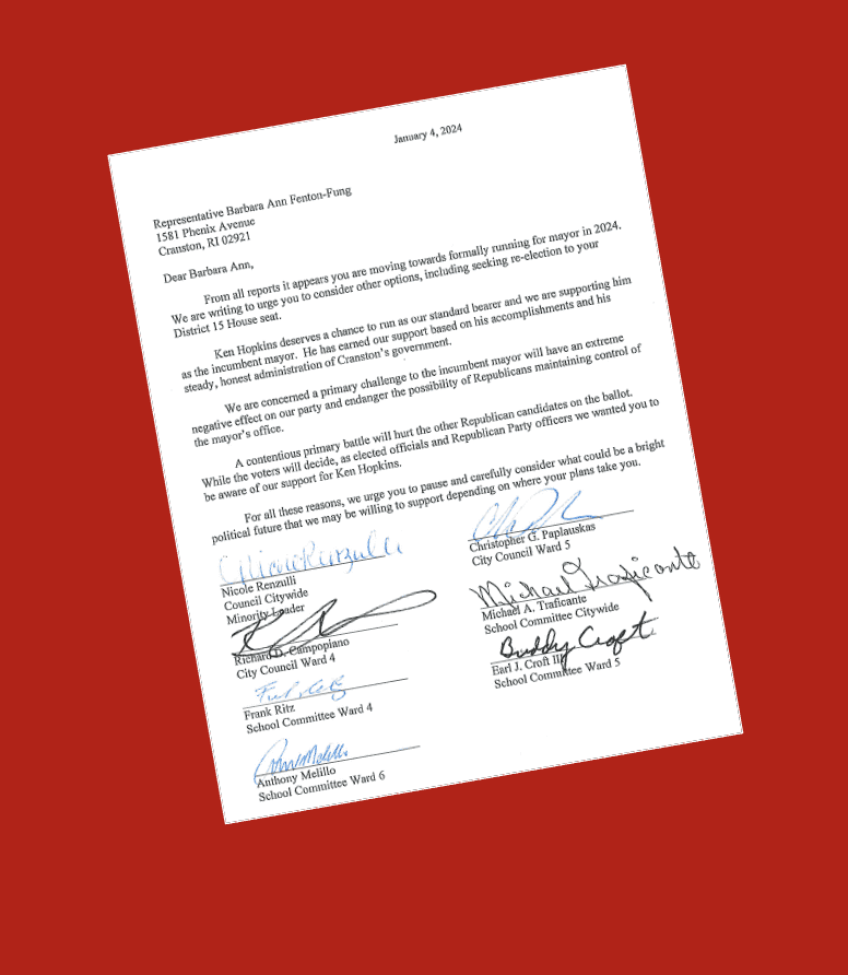 A letter with signatures from the Cranston Mayor on a red background.