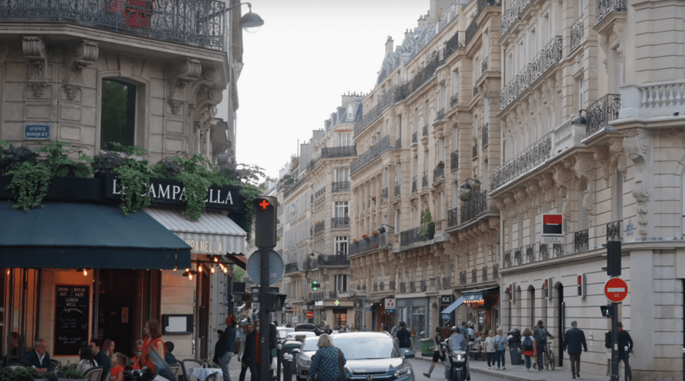 A street in Paris showcasing traditional architecture.