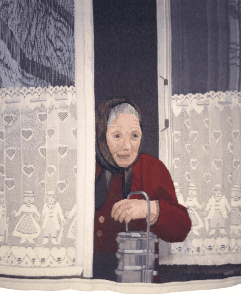 A piece of art depicting an old woman looking out of a window.